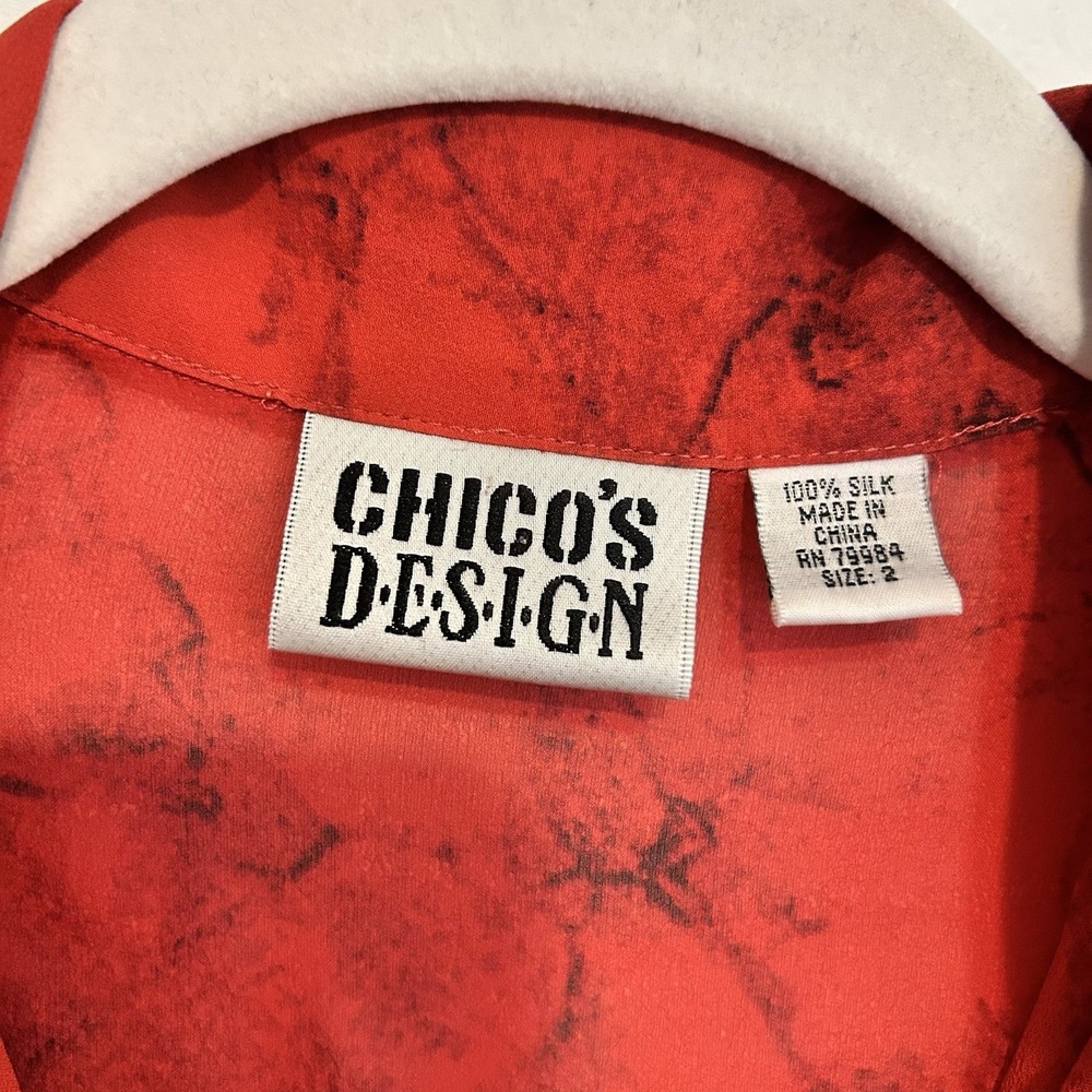 Vintage CHICOS 2 Large 100% Sheer Silk Red Blouse Asian Lady & Bird ART TO WEAR - Picture 3 of 10